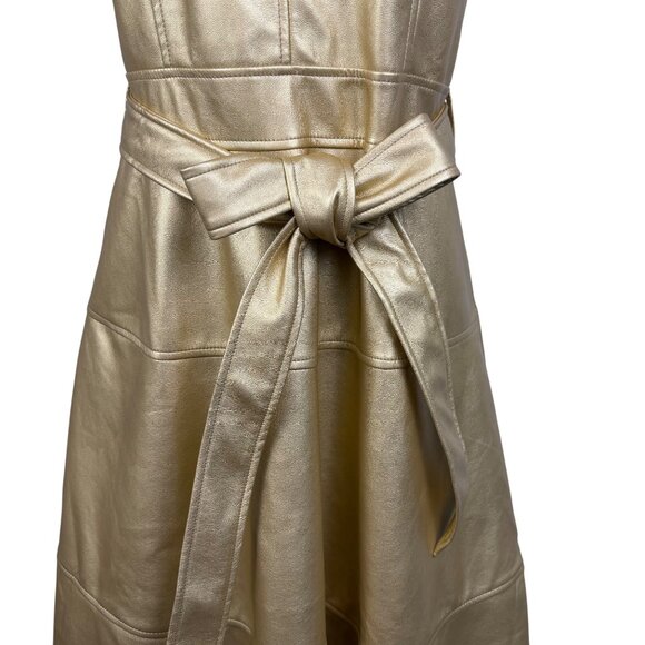 Fashion Collection Gold Faux Leather Sleeveless A-Line Midi Dress Belted Sz M - Picture 6 of 11